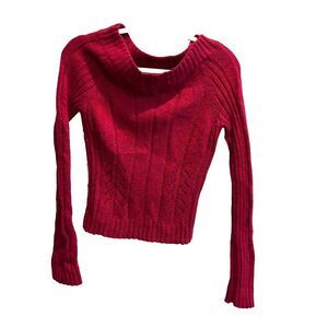 Vtg Express Women Red Pullover Sweater L Boat Neck Knit Wool Angora Long Sleeve